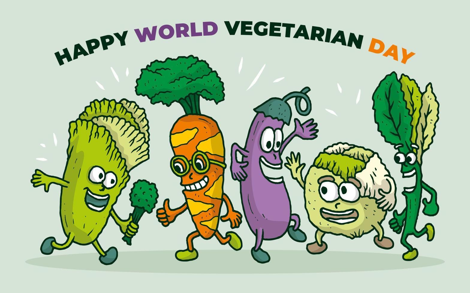 dia mundial do vegetariano com coleção de personagens de desenhos animados de legumes vetor