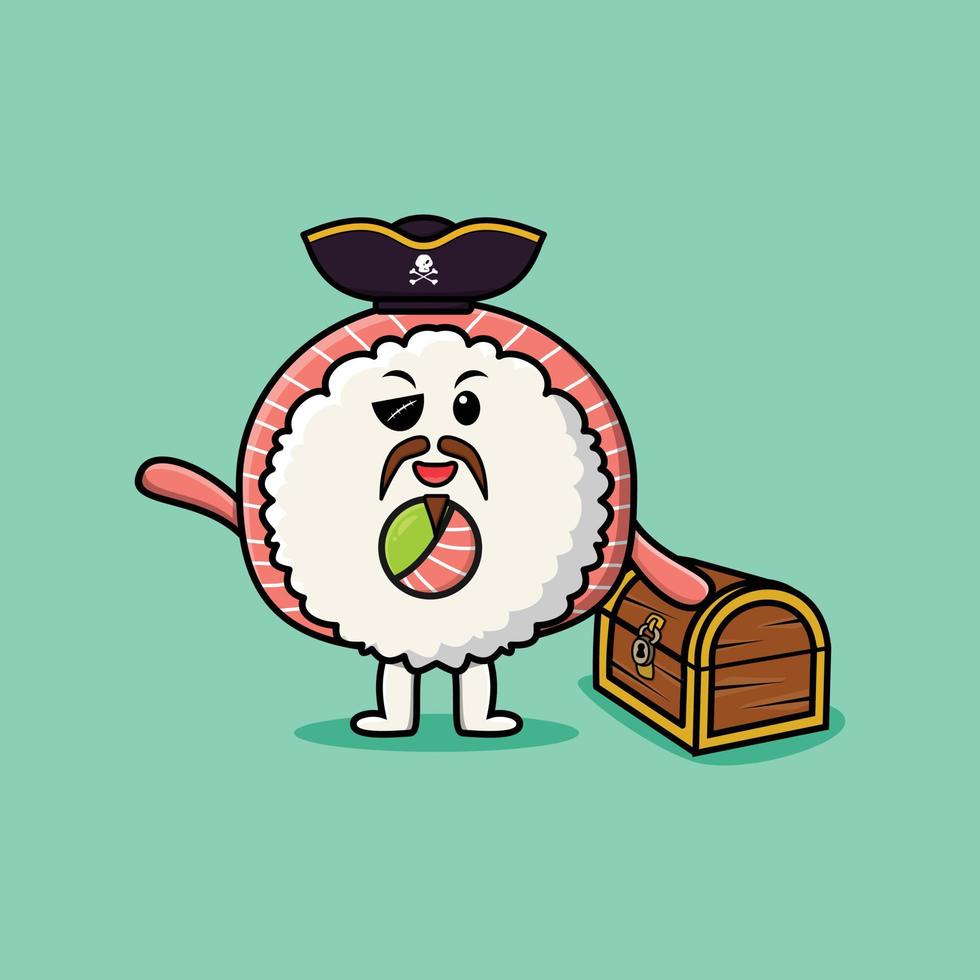 pirata de sashimi de sushi dos desenhos animados com caixa de tesouro vetor