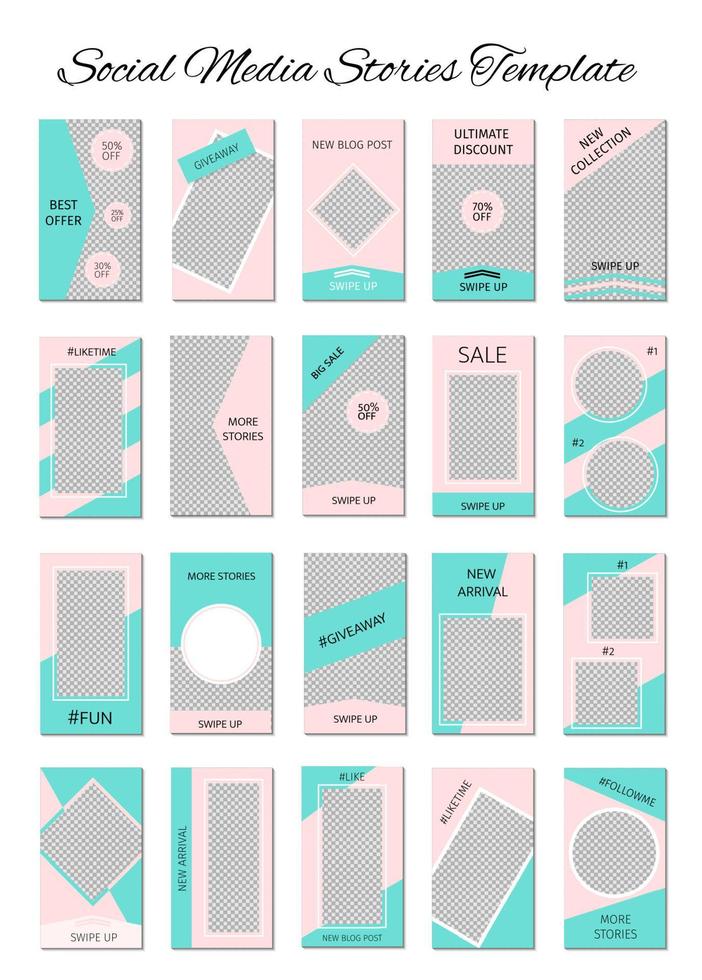 modelo de histórias de mídia social. conjunto de layout de 20 histórias para blogueiros e smm. paleta de cores pastel verde e rosa menta. banners da web editáveis para aplicativos móveis. vetor