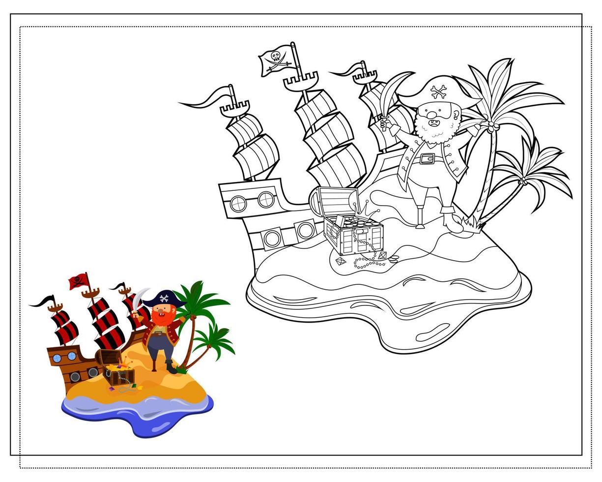 livro de colorir para crianças, pirata na ilha do tesouro. vetor isolado em um fundo branco.