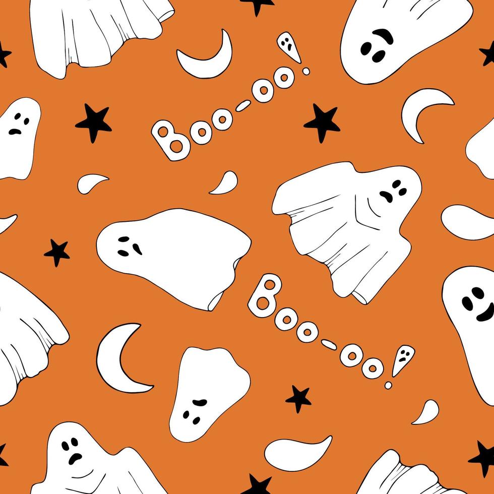 padrão sem emenda dos desenhos animados de vetor de halloween. padrão sem emenda com fantasmas. fundo laranja de halloween para papel de parede, embalagem, embalagem e plano de fundo.