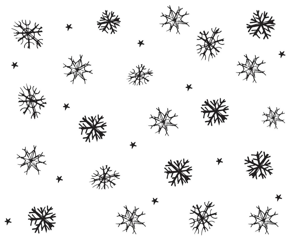 padrão grunge de doodle de inverno preto e branco com flocos de neve vetor