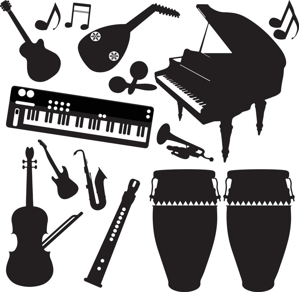 conjunto de instrumentos musicais - silhueta vetor