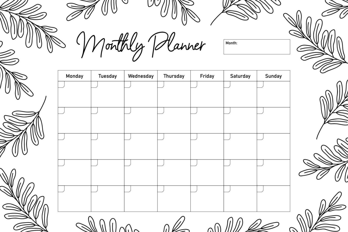 modelo de planejador mensal floral preto e branco vetor