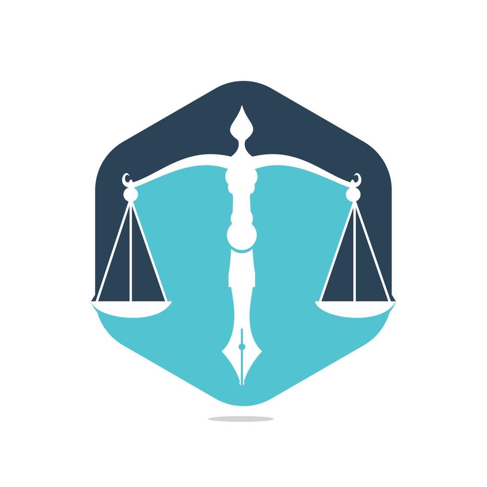 vetor de logotipo de lei com equilíbrio judicial simbólico da escala de justiça em uma ponta de caneta. vetor de logotipo para direito, tribunal, serviços de justiça e empresas.