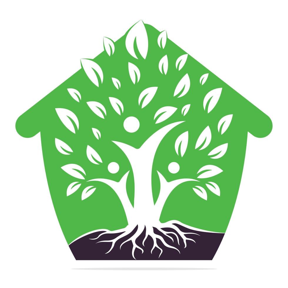 árvore genealógica e raízes design de logotipo em forma de casa. design de logotipo de ícone de símbolo de casa na árvore genealógica vetor