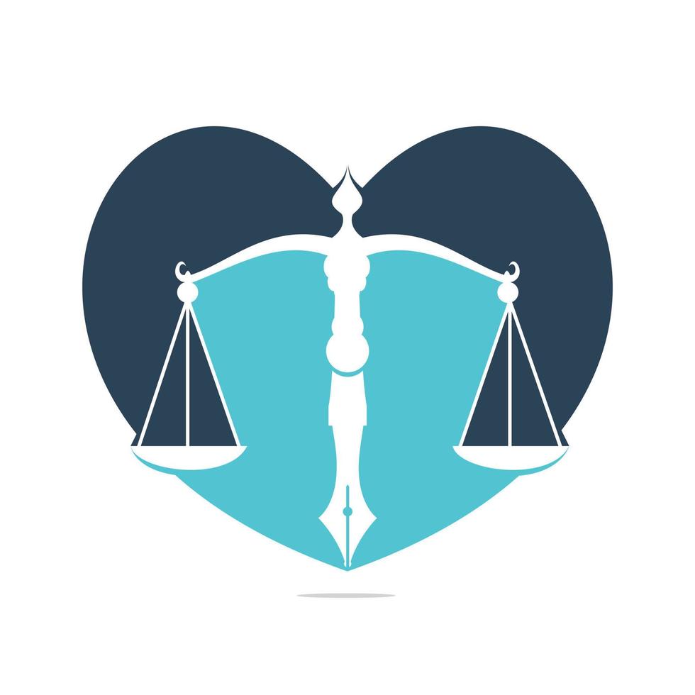 amo o vetor do logotipo da lei com equilíbrio judicial simbólico da escala de justiça em uma ponta de caneta. equilíbrio do coração com design de modelo de vetor de ponta de caneta.