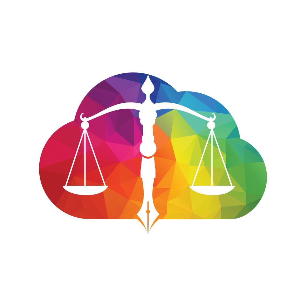 vetor de logotipo de nuvem de lei com equilíbrio judicial simbólico da escala de justiça em uma ponta de caneta. equilíbrio de nuvem com design de modelo de vetor de ponta de caneta.
