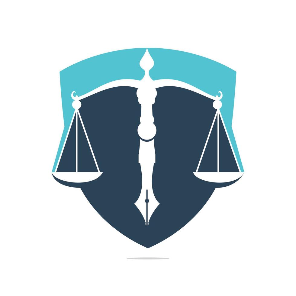 vetor de logotipo de lei com equilíbrio judicial simbólico da escala de justiça em uma ponta de caneta. vetor de logotipo para direito, tribunal, serviços de justiça e empresas.