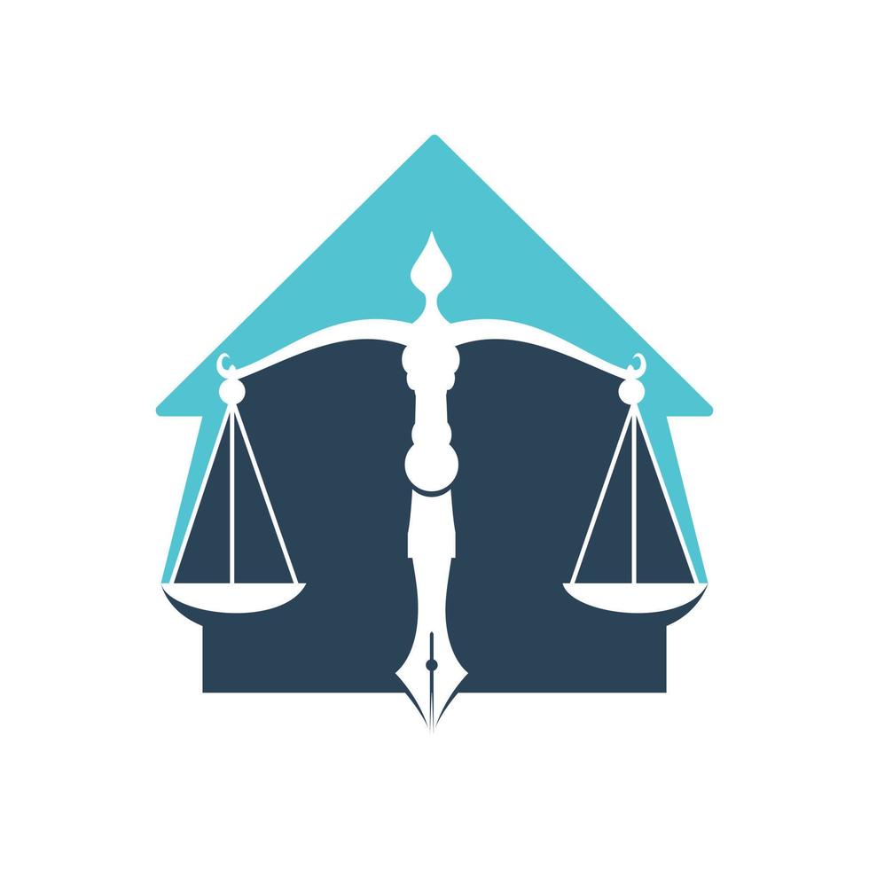 vetor de logotipo da casa da lei com equilíbrio judicial simbólico da escala de justiça em uma ponta de caneta. equilíbrio em casa com design de modelo de vetor de ponta de caneta.