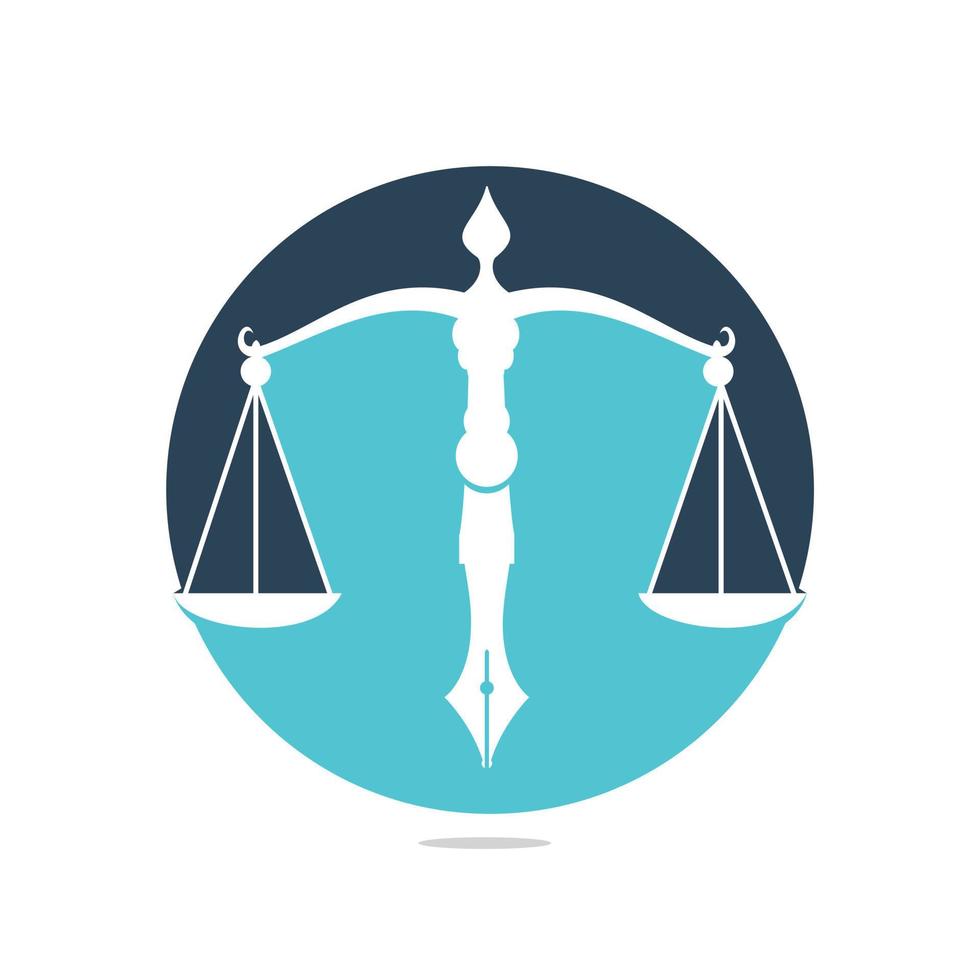 vetor de logotipo de lei com equilíbrio judicial simbólico da escala de justiça em uma ponta de caneta. vetor de logotipo para direito, tribunal, serviços de justiça e empresas.