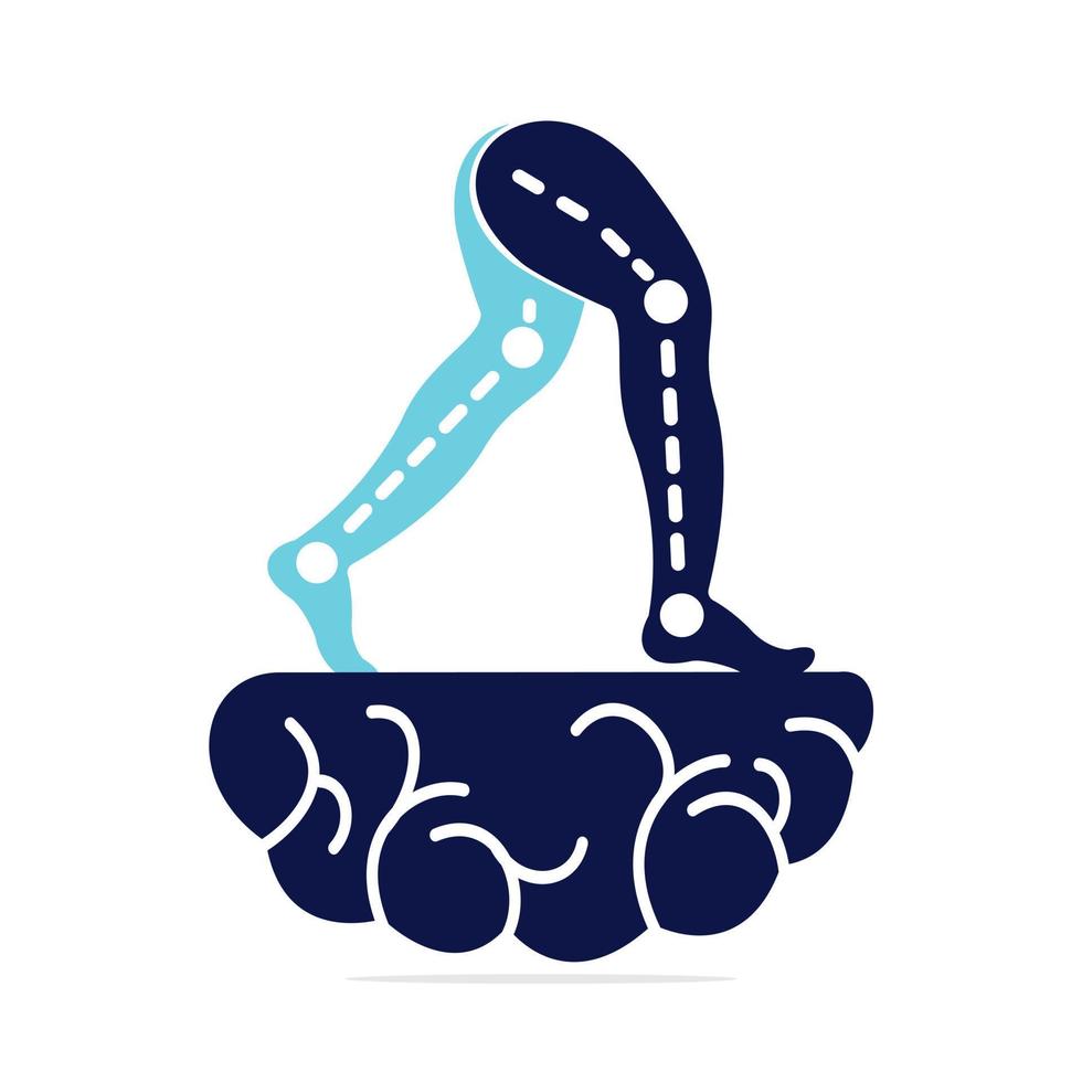 design de modelo de logotipo de cérebro de pernas protéticas. projeto de vetor de clínica ortopédica e fisioterapia.