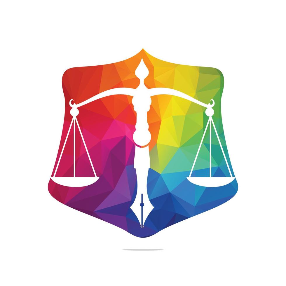 vetor de logotipo de lei com equilíbrio judicial simbólico da escala de justiça em uma ponta de caneta. vetor de logotipo para direito, tribunal, serviços de justiça e empresas.