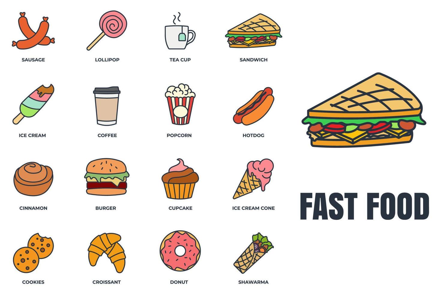 conjunto de ilustração em vetor logotipo ícone fast-food. sorvete, pipoca, donut, biscoitos, canela, cachorro-quente, xícara de chá e mais modelo de símbolo de pacote para coleção de design gráfico e web