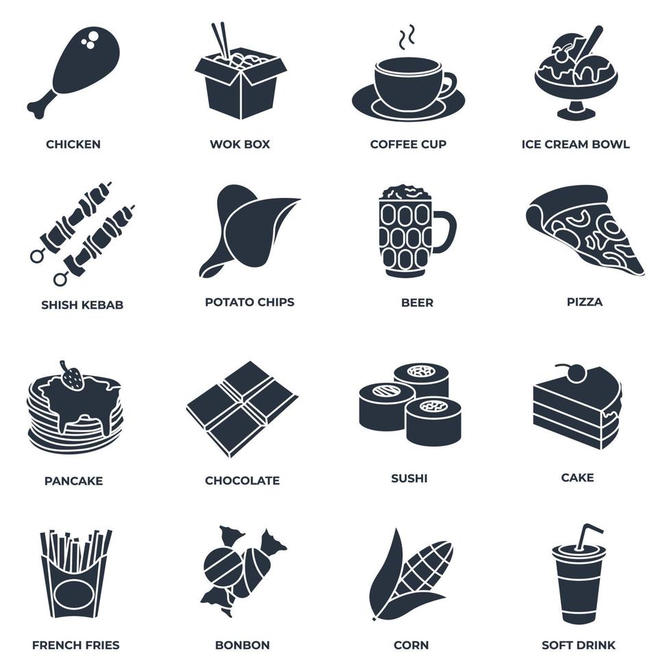 conjunto de ilustração em vetor logotipo ícone fast-food. barra de chocolate, refrigerante, xícara de café, caixa wok, sushi, panqueca, bombom e mais modelo de símbolo de pacote para coleção de design gráfico e web