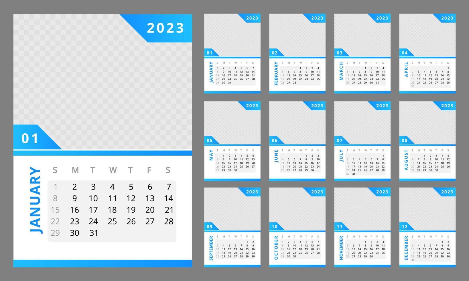 tecnológico no modelo de design de calendário de parede gradiente azul da indústria para o ano de 2023. Conjunto de páginas de 12 meses. semana começa no domingo. pacote de pôster personalizado mensal pronto para impressão vetor