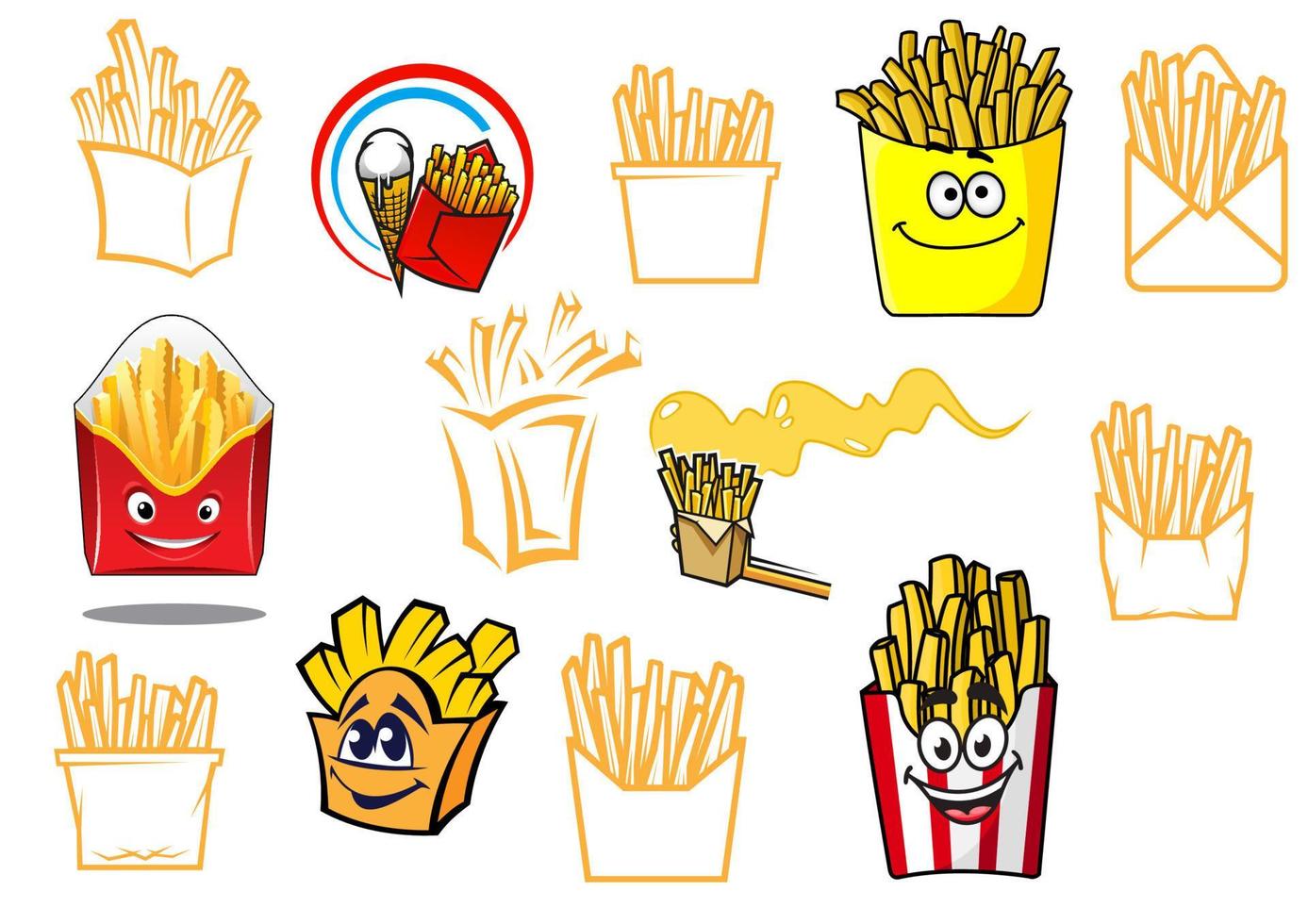 desenhos de comida para viagem de batatas fritas de desenho animado vetor