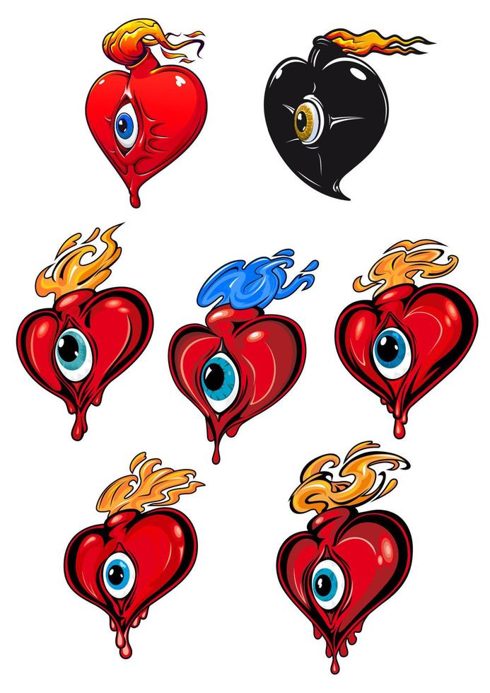 corações de desenhos animados com chamas de olho e fogo vetor