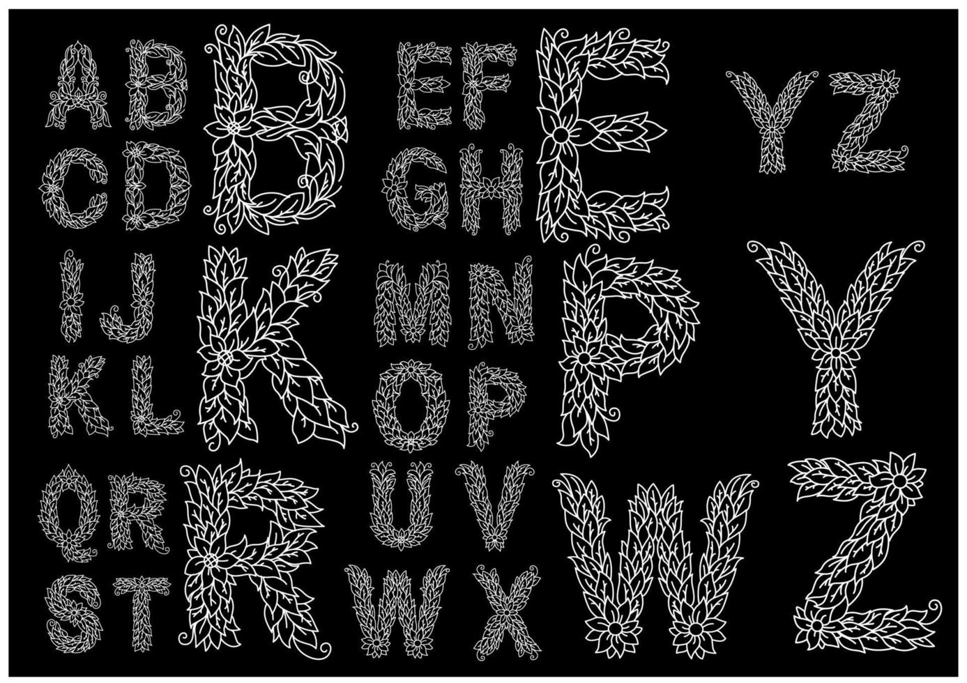 alfabeto floral com letras maiúsculas com contornos arejados vetor