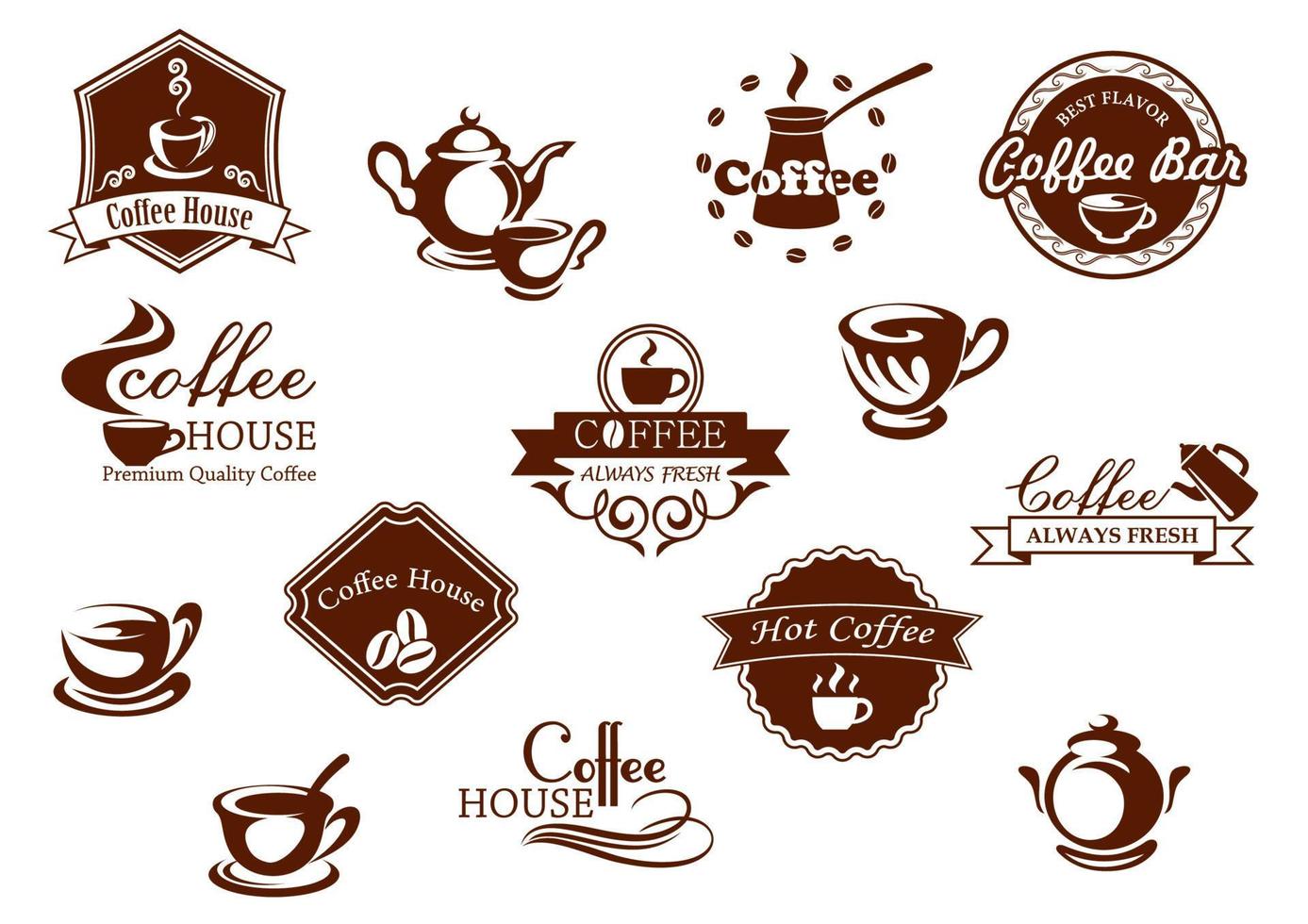 ícones de café, banners e logotipos em marrom vetor