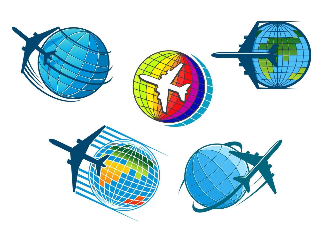 ícones de avião e viagens aéreas com globo vetor