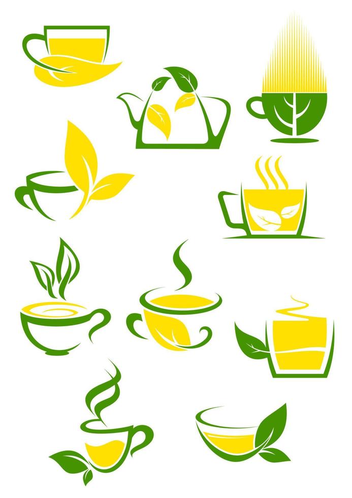 ícones de chá verde com xícaras delineadas e bule vetor