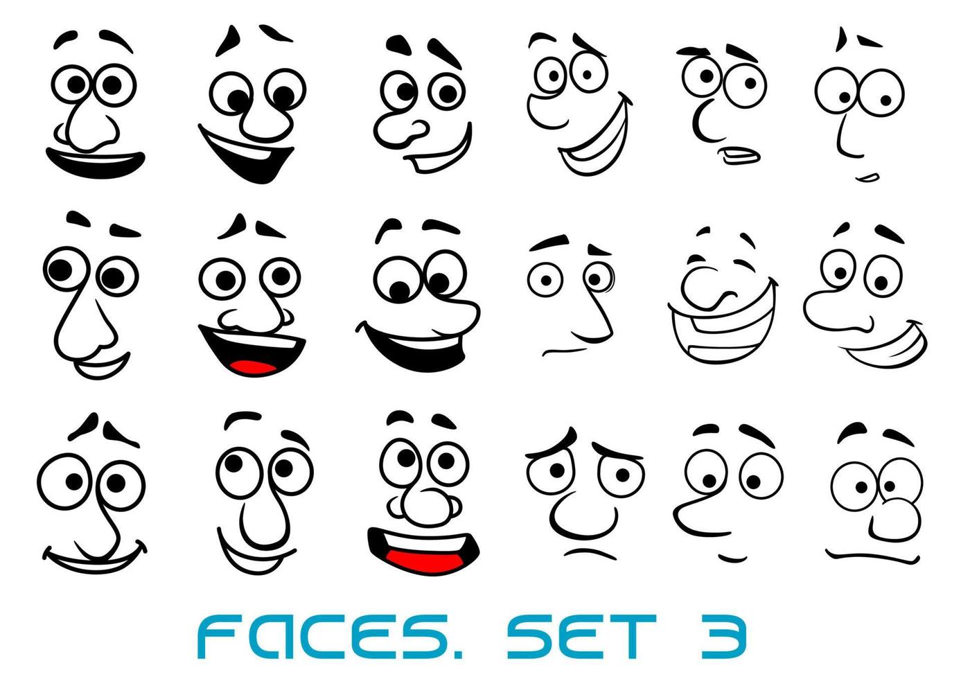 rostos de doodle de desenho animado com emoções diferentes vetor