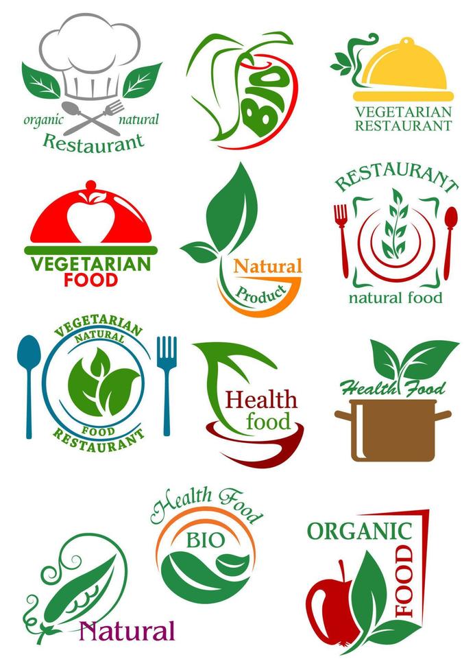 emblemas de comida saudável vegetariana e natural vetor