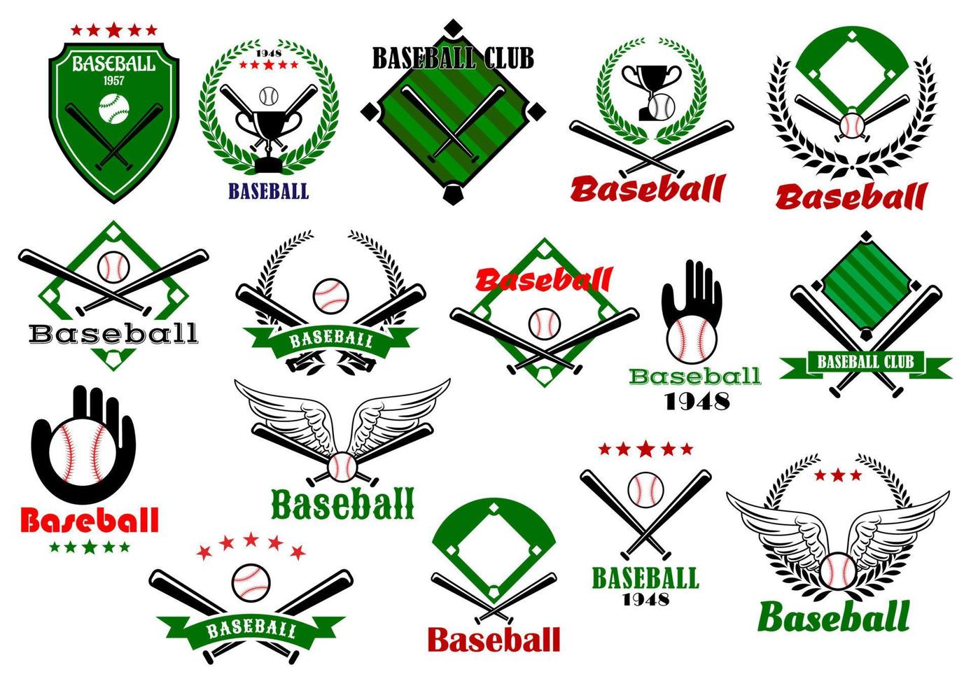 emblemas de beisebol ou logotipo com equipamentos de jogo vetor