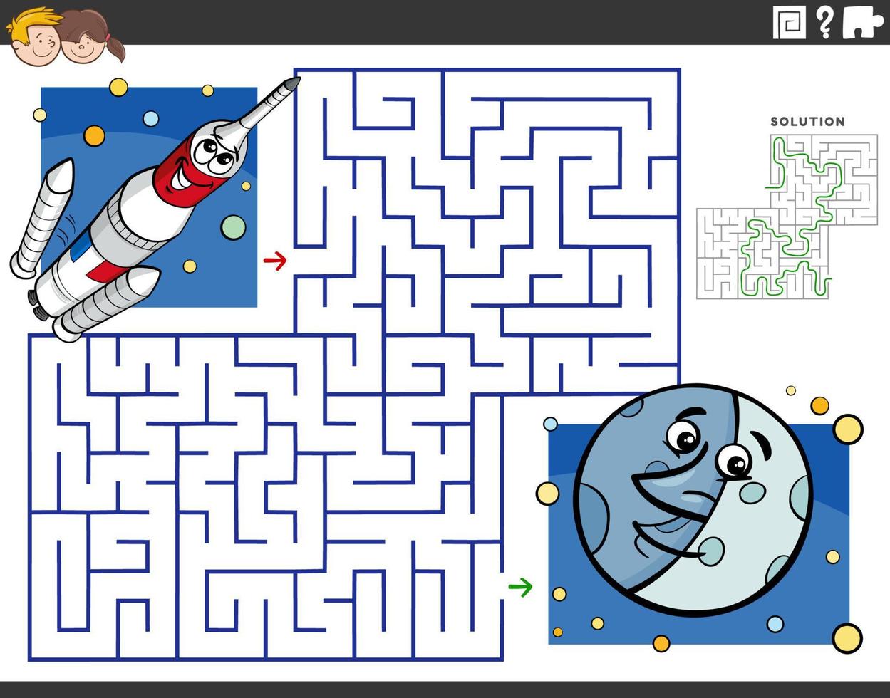 labirinto com foguete de desenho animado no espaço e a lua vetor