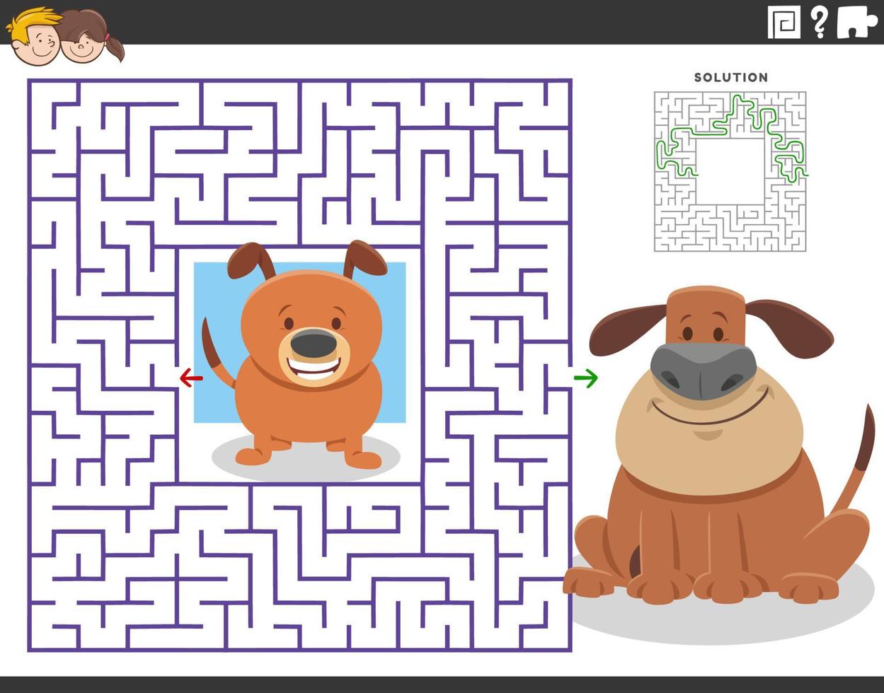 quebra-cabeça de labirinto com cachorro adulto de desenho animado e cachorrinho vetor