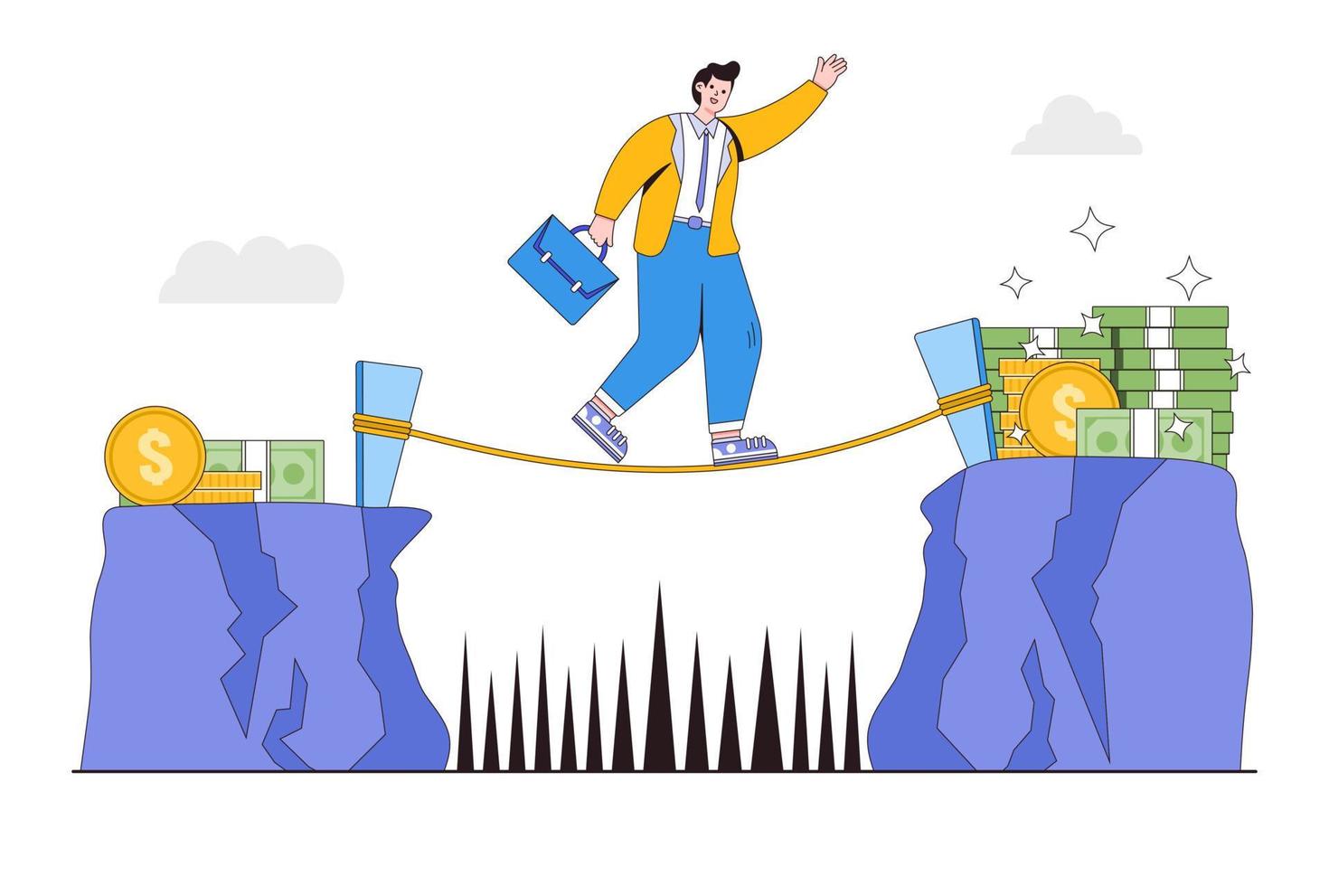 alto retorno de alto risco, estratégia de investimento financeiro em conceitos de mercado de ações. empresário escolhendo opções perigosas para atravessar a fenda dos penhascos muito lucro do que obstáculo fácil para baixo benefício vetor