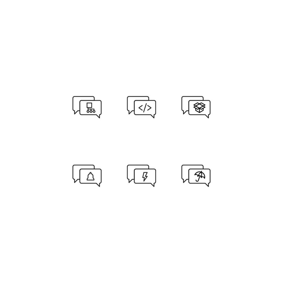 coleção de ícones de linha de sinais vetoriais e símbolos monocromáticos desenhados com linha fina preta. adequado para loja, sites, aplicativos. algoritmo, código, caixa, sino, flash, guarda-chuva na bolha do discurso vetor