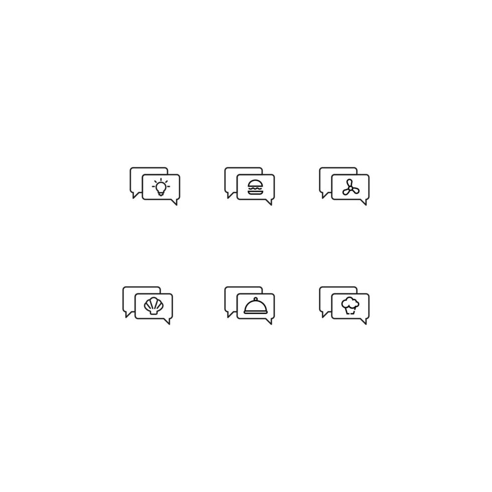 coleção de ícones de linha de sinais vetoriais e símbolos monocromáticos desenhados com linha fina preta. adequado para loja, sites, aplicativos. bulbo, hambúrguer, ventilador, concha, cupcake, tigela de cloche na bolha do discurso vetor