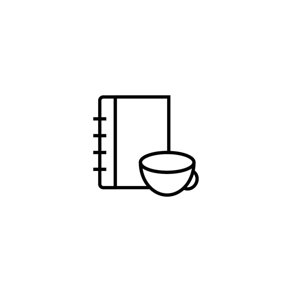 sinais de contorno modernos adequados para páginas da internet, aplicativos, lojas etc. traços editáveis. ícone de linha de xícara de chá ao lado do livro ou diário com capa em branco vetor