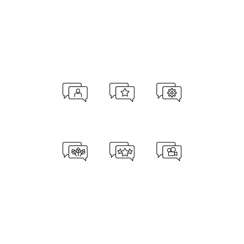 coleção de ícones de linha de sinais vetoriais e símbolos monocromáticos desenhados com linha fina preta. adequado para loja, sites, aplicativos. usuário, estrela, engrenagem, flores, câmera de vídeo na bolha do discurso vetor