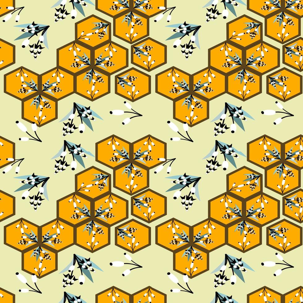 design de padrão plano e sem costura de gráfico hexagonal parece um favo de mel na cor marrom amarelo e escuro suave e pequenas flores. estilo de azulejo, papel ou tecido. vetor