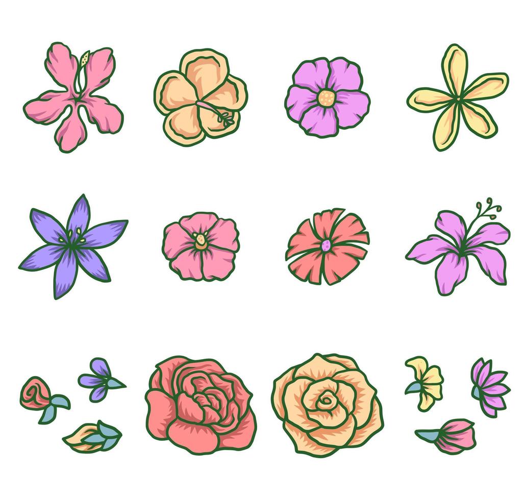 conjunto de flores, linha desenhada à mão com cor digital, ilustração vetorial vetor