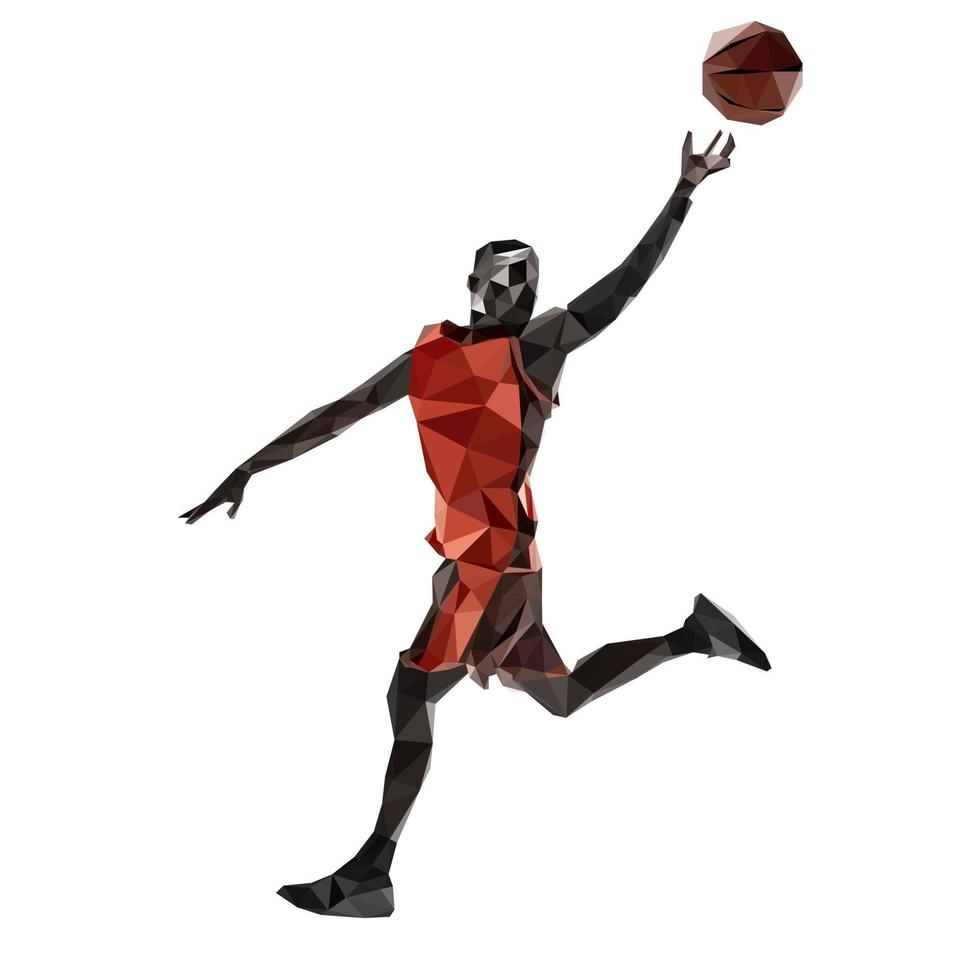 jogador de basquete profissional em roupas esportivas com ação de bola em movimento baixo poli vetor