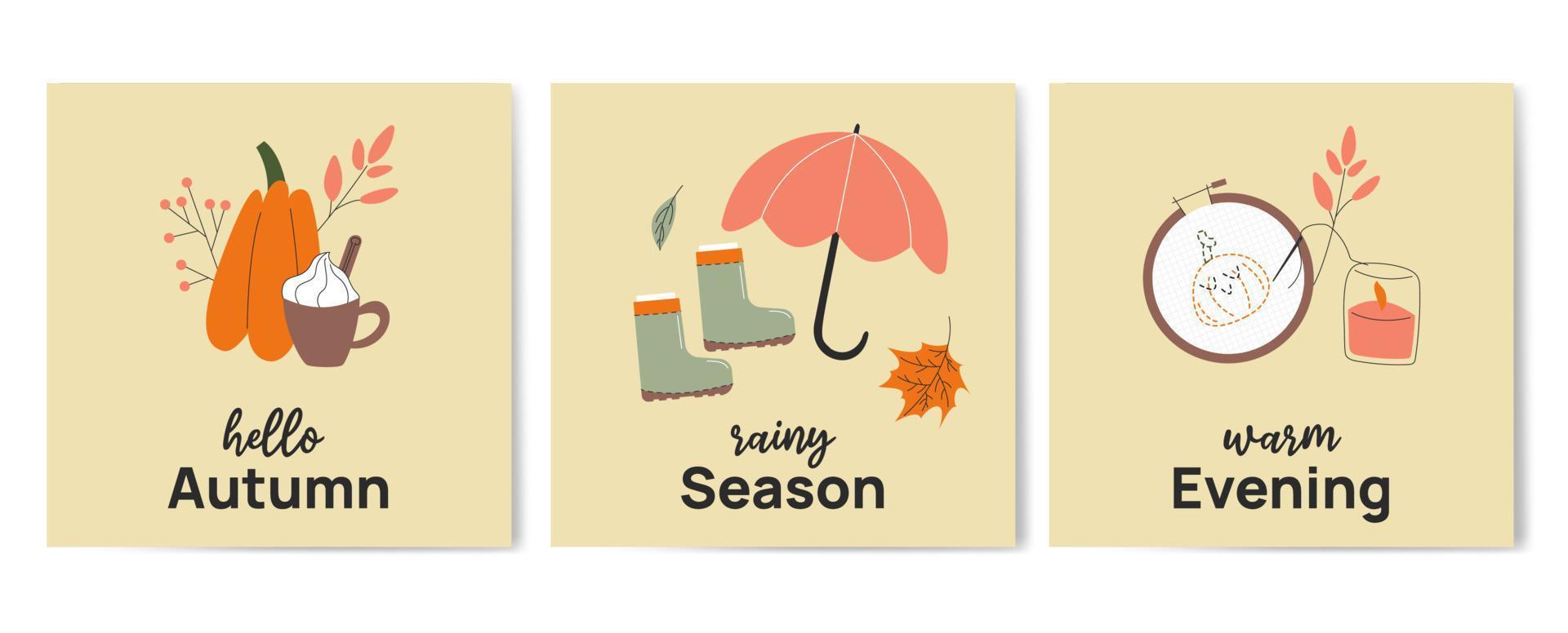 Olá outono. estação chuvosa. modelo de cartaz de cartão desenhado à mão de saudação de noite quente. cartão postal minimalista com abóbora, guarda-chuva, bordado. ilustração vetorial em estilo cartoon plana. vetor