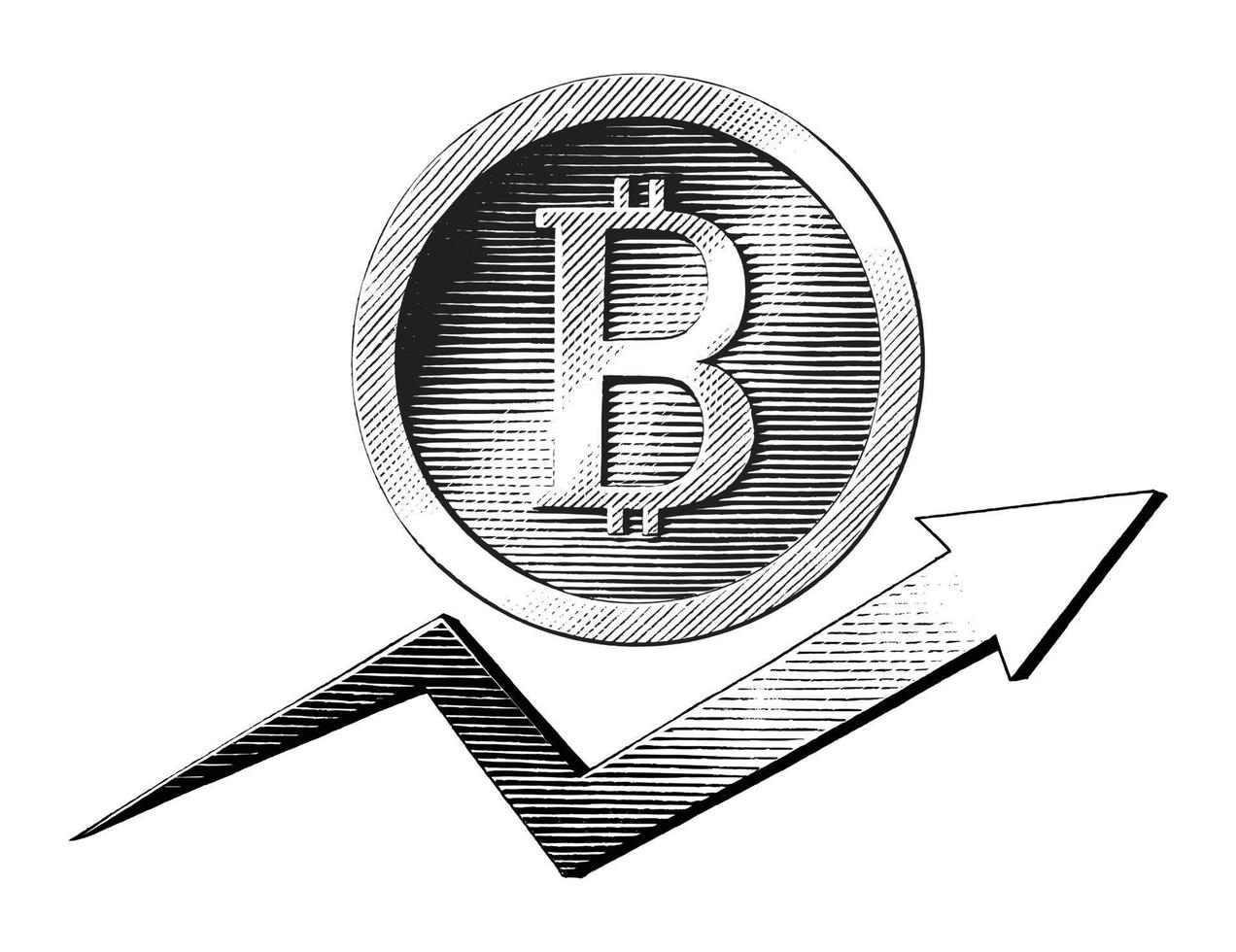 símbolo de bitcoin com mão de trand desenhar estilo de gravura vintage vetor