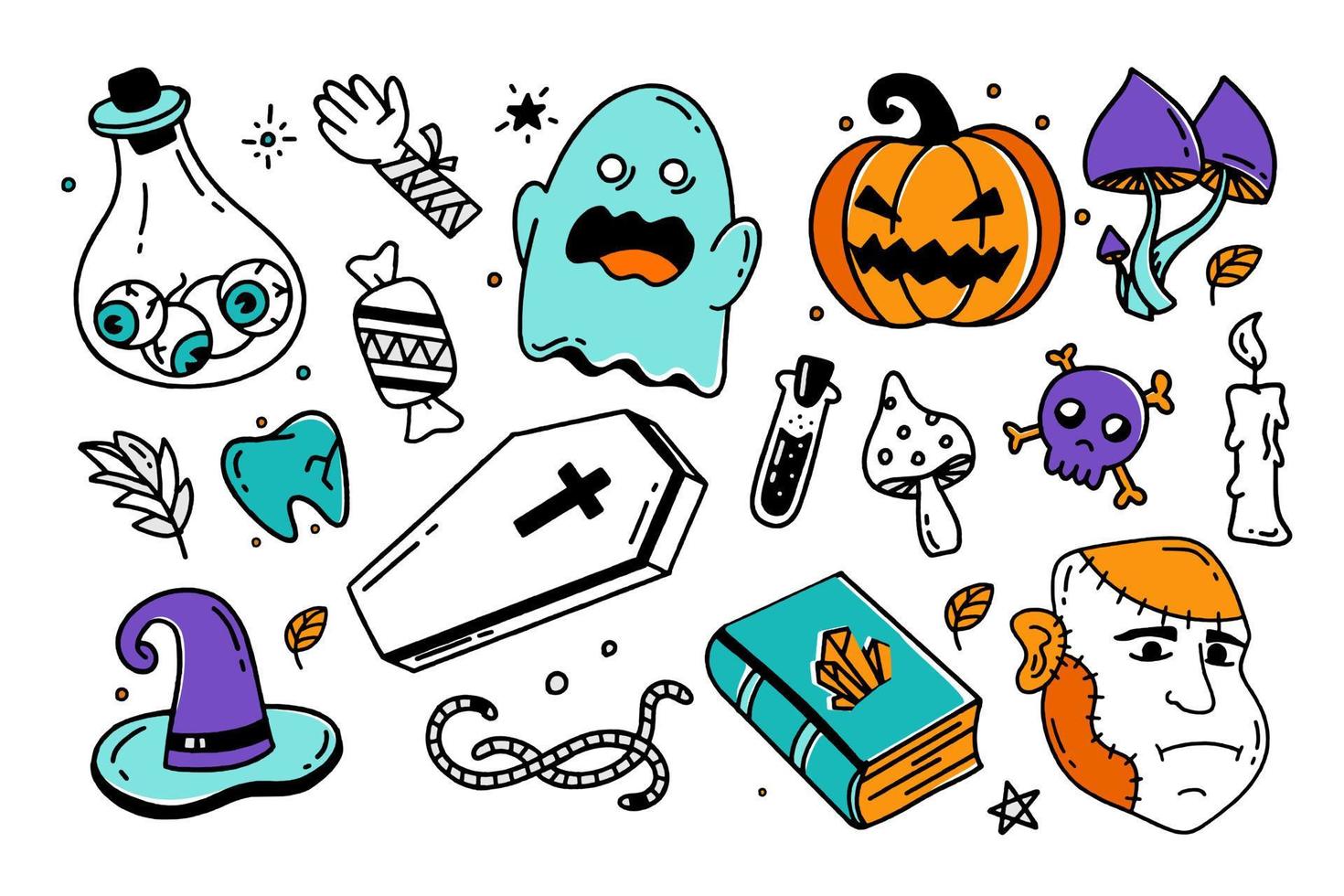 conjunto de elementos de halloween doodle estilo vector design ilustração isolado no fundo branco