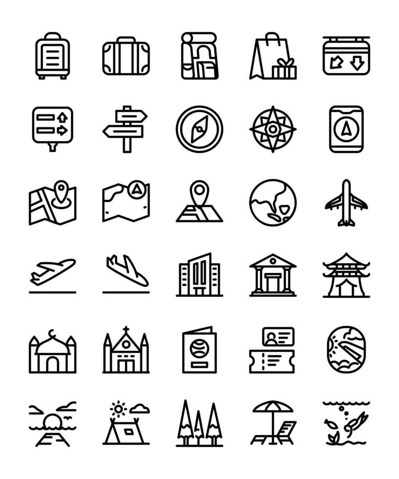 conjunto de ícones de viagens mala mochila sinal de trânsito bússola navegação avião museu templo passaporte praia do sol com design plano de estilo de contorno. vetor