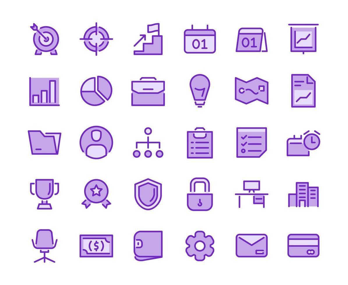 ícone de negócios definir objetivo diagrama terno caso cronograma gráfico lista de verificação troféu bulbo idéia estrutura escudo cadeado computador dinheiro dólar carteira com design plano de estilo cromático. vetor