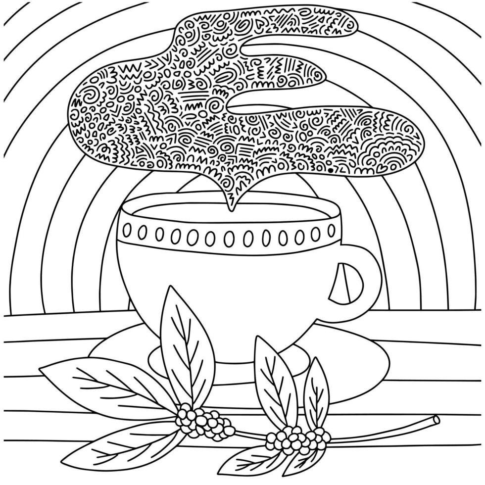 página para colorir com xícara de café e fumaça. planta de café e doodle fumaça para colorir ilustração vetorial de página. vetor
