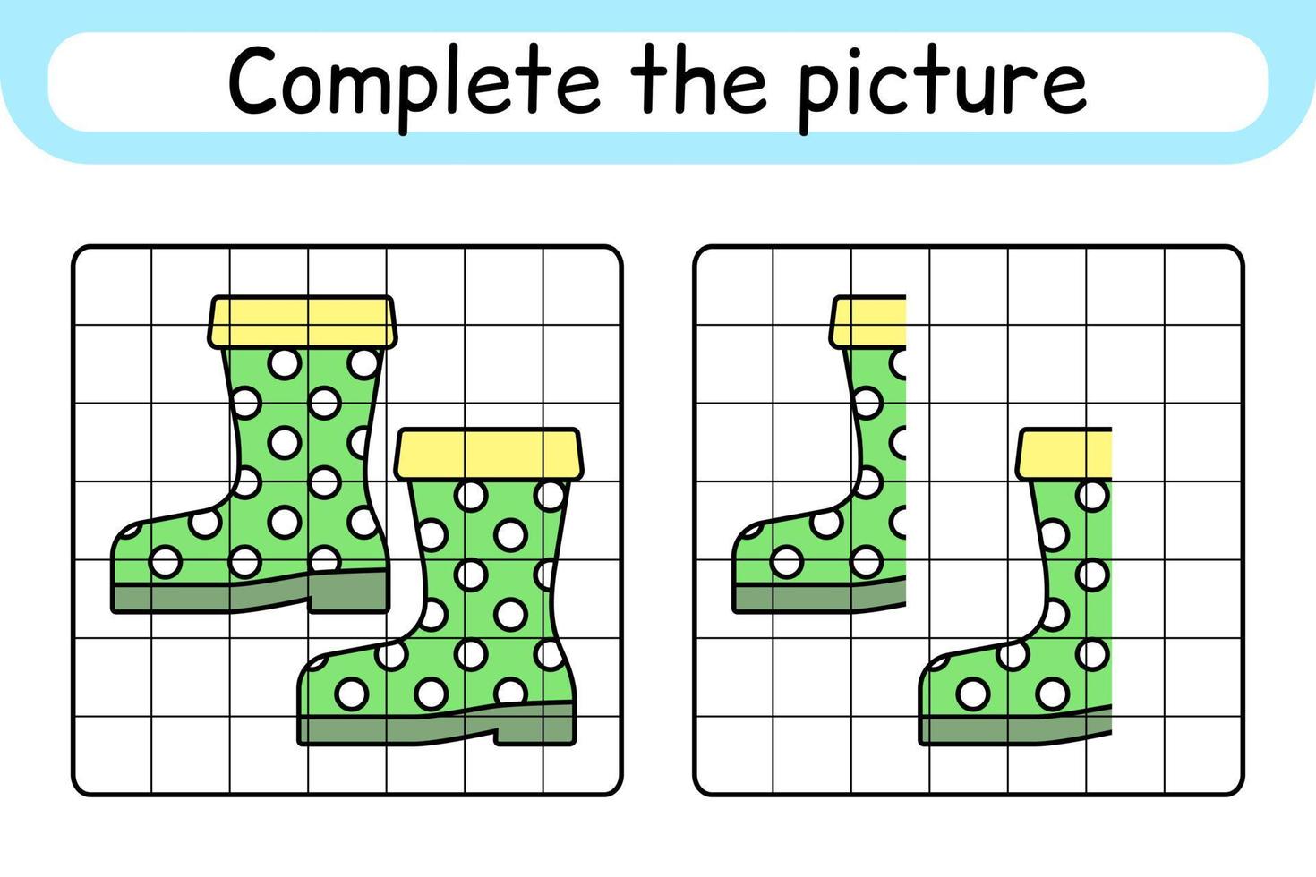 complete as botas de imagem. copie a imagem e a cor. terminar a imagem. livro de colorir. jogo de exercício de desenho educacional para crianças vetor