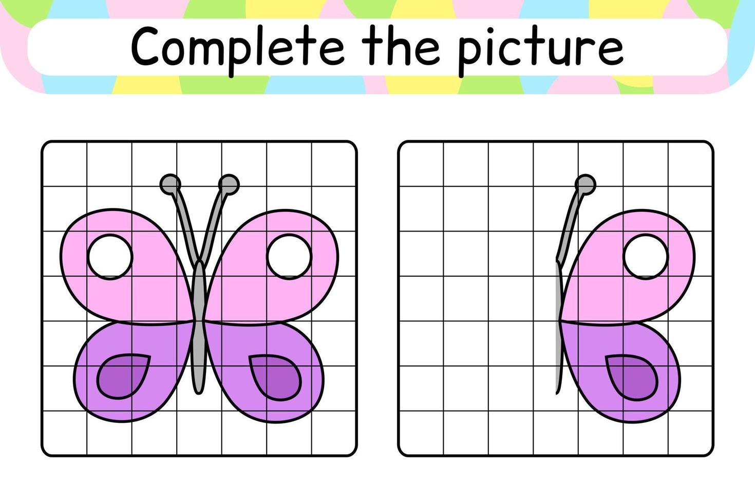 complete a borboleta de imagem. copie a imagem e a cor. terminar a imagem. livro de colorir. jogo de exercício de desenho educacional para crianças vetor