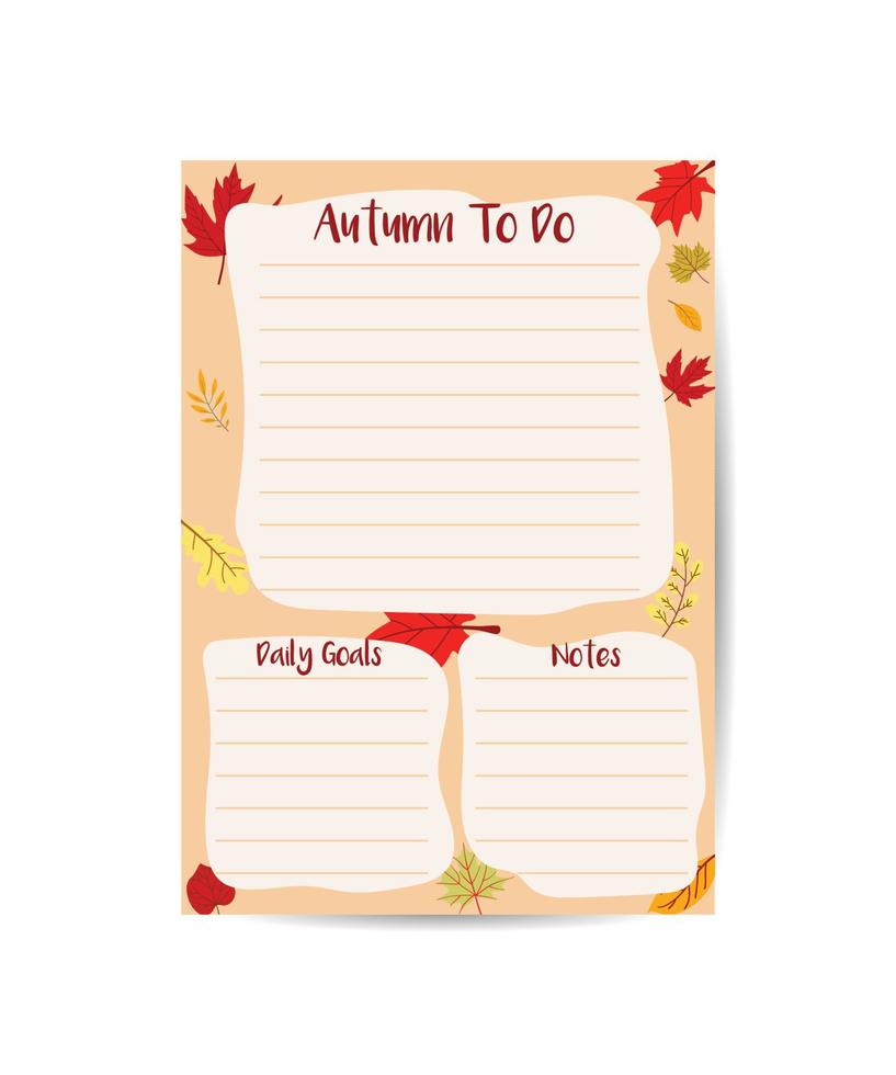 folha de planejador de outono inserção de planejador de lista de afazeres de outono ou modelo de página de nota para fazer rastreador de cronograma de lista vetor