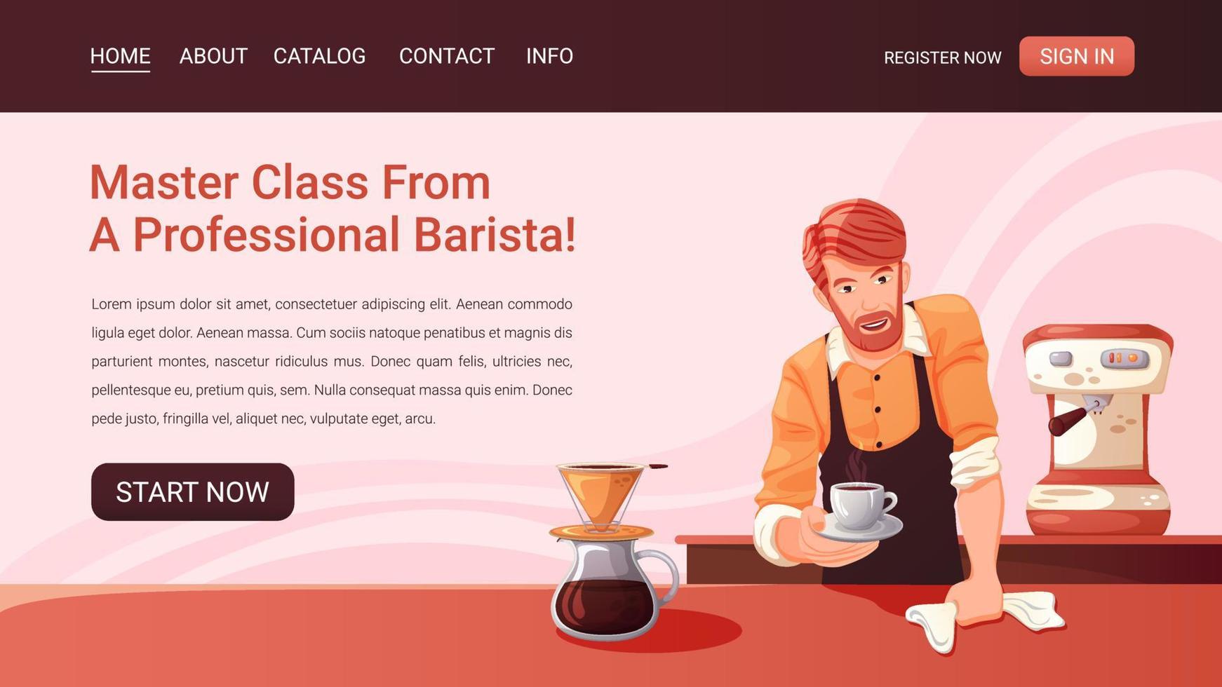 página da web com uma ilustração de um barista. vetor