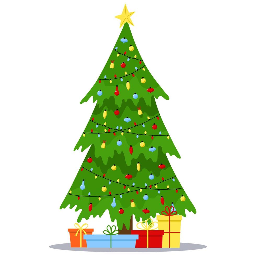 árvore de natal com enfeites e caixas de presente. feliz Natal e Feliz Ano Novo. vetor